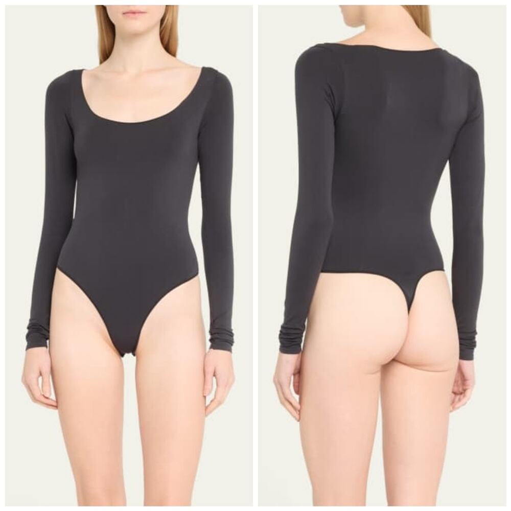 SKIMS Onyx Essential Smoothing Scoop-Neck Thong Bodysuit